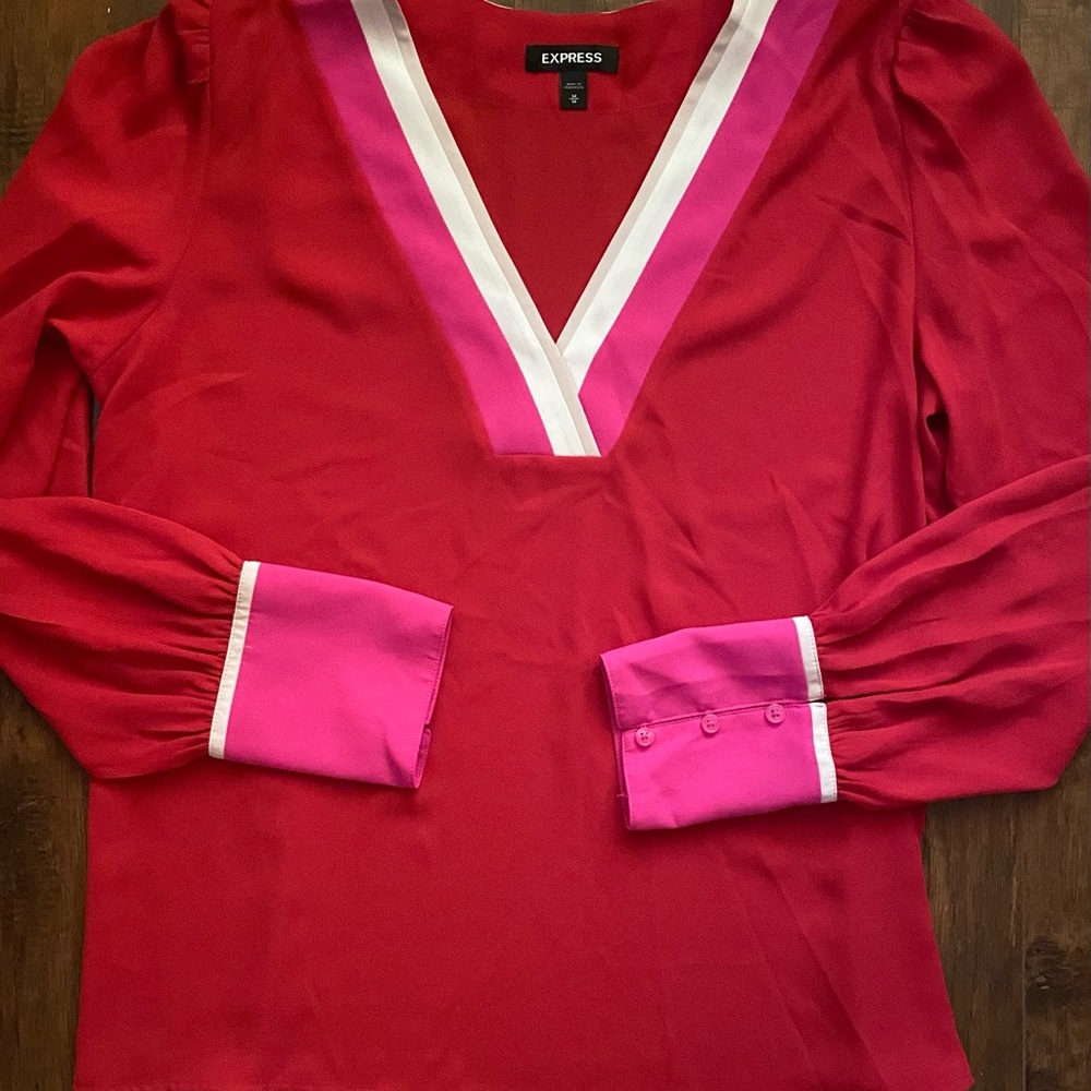 NWOT Express Red Blouse with Pink and White Trim